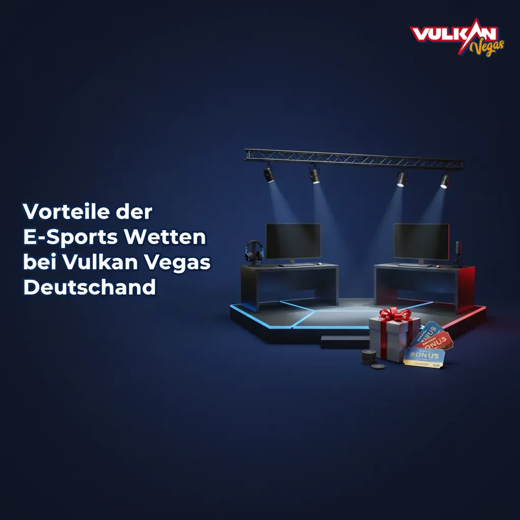 Infografik: Vorteile der E-Sports-Wetten bei Vulkan Vegas DE - Quoten, App, lokale Zahlungen, 24/7 Support, faire Boni.