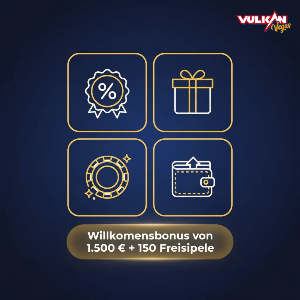 Vulkan Vegas Willkommensbonus: bis zu 1.500 € + 150 Freispiele über 3 Einzahlungen, für Slots und Casino
