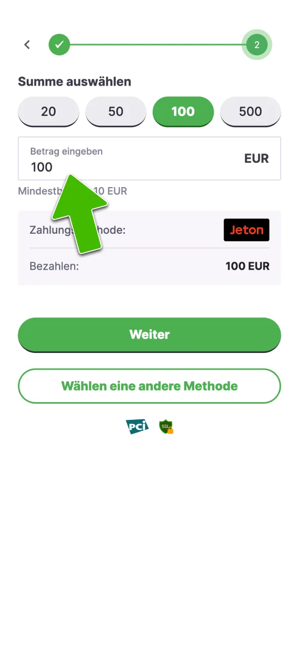 Wähle den Einzahlungsbetrag bei Vulkan Vegas.