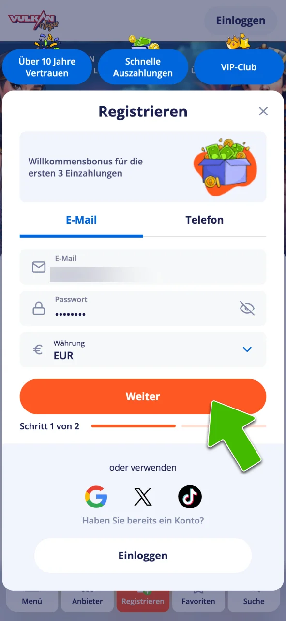 Erstelle jetzt dein Konto bei Vulkan Vegas.