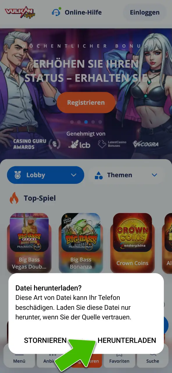 Bestätige den Download bei Vulkan Vegas.