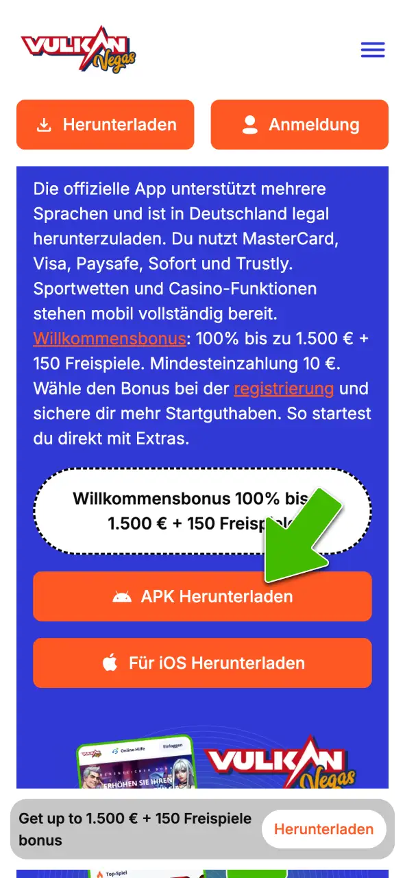 Lade die Android Datei von Vulkan Vegas herunter.