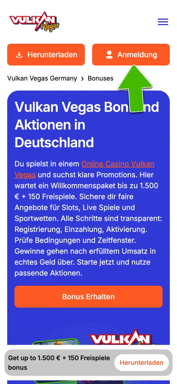 Starte deine Registrierung bei Vulkan Vegas.