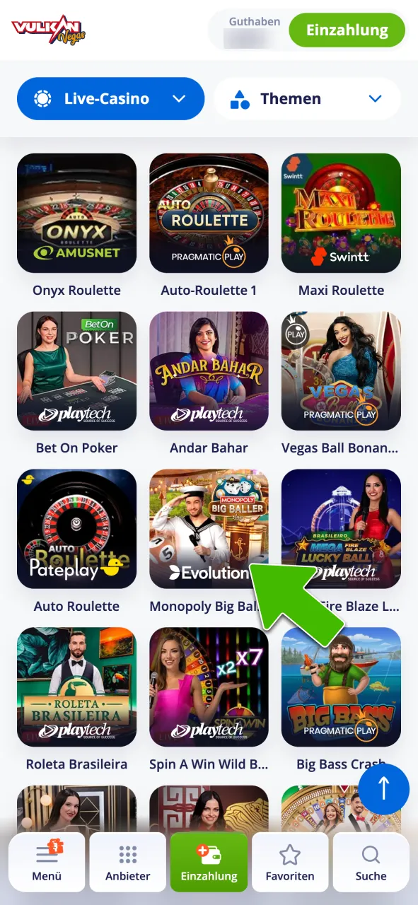 Suche Live Gameshows bei Vulkan Vegas.