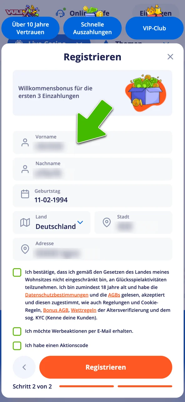 Vervollständige dein Profil bei Vulkan Vegas.