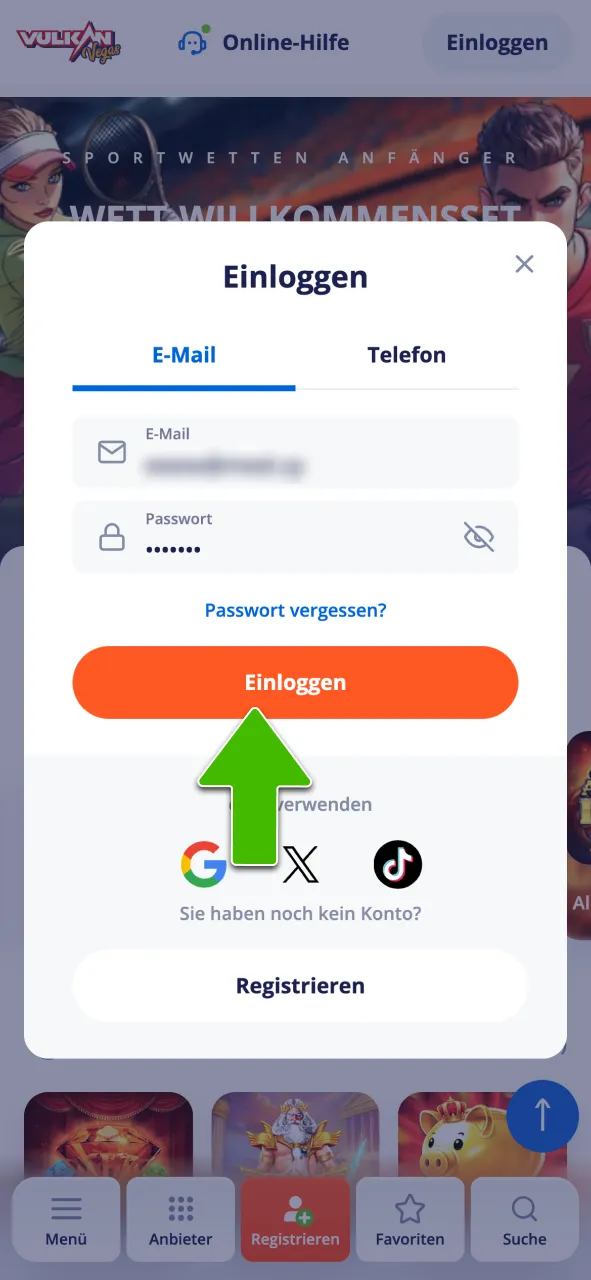 Melde dich bei Vulkan Vegas an.