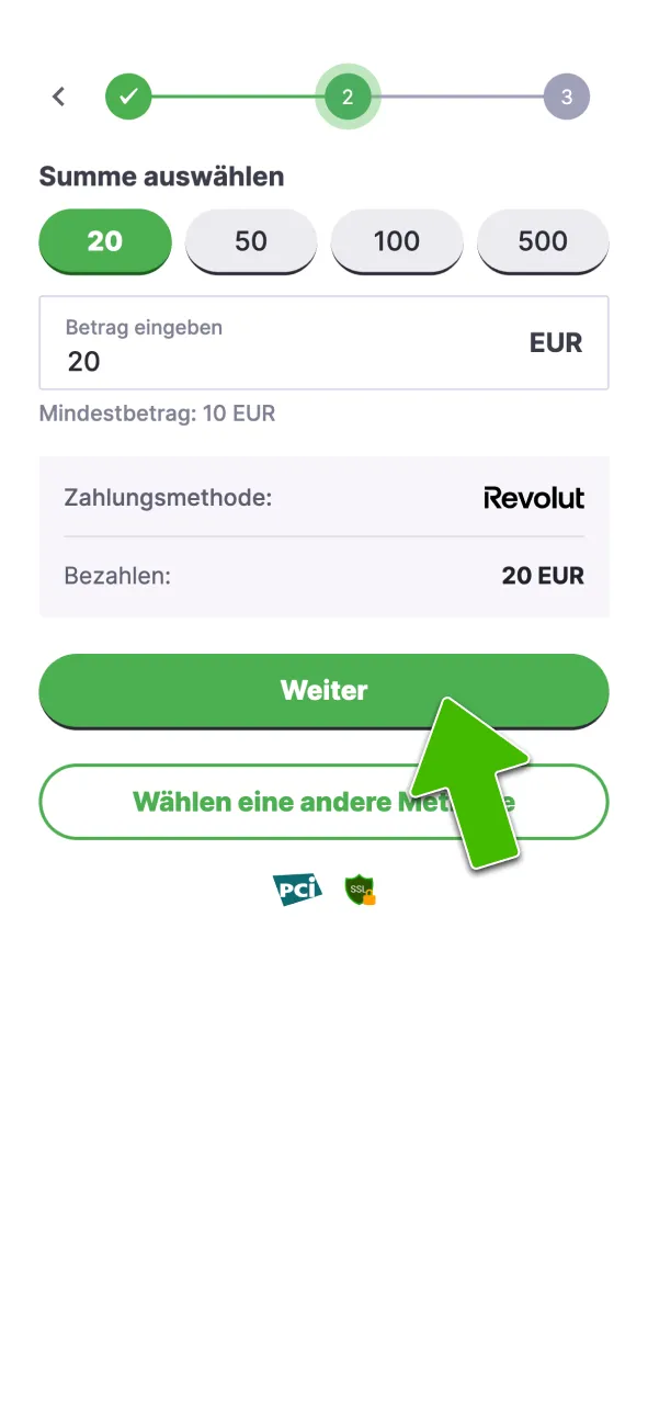 Gib deinen Einzahlungsbetrag bei Vulkan Vegas ein.