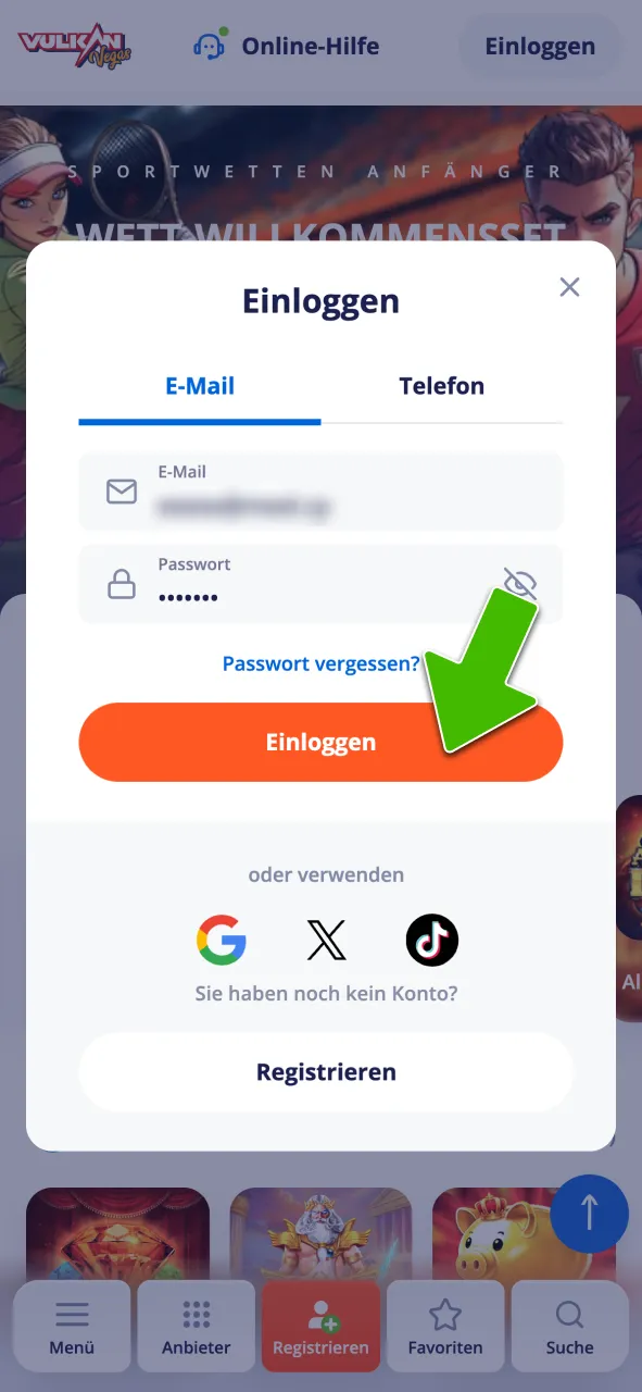 Logge dich bei Vulkan Vegas ein.